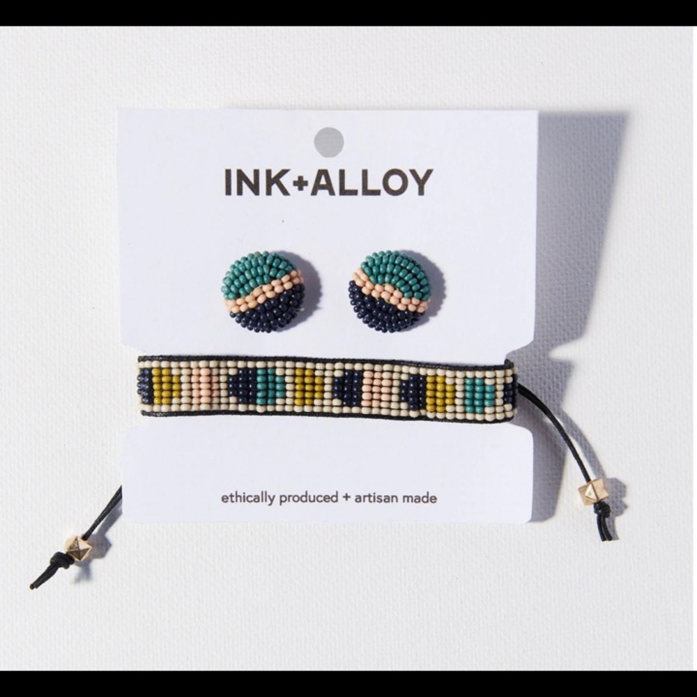 Ink+Alloy Navy Teal Pink Beaded Earring and Bracelet Set